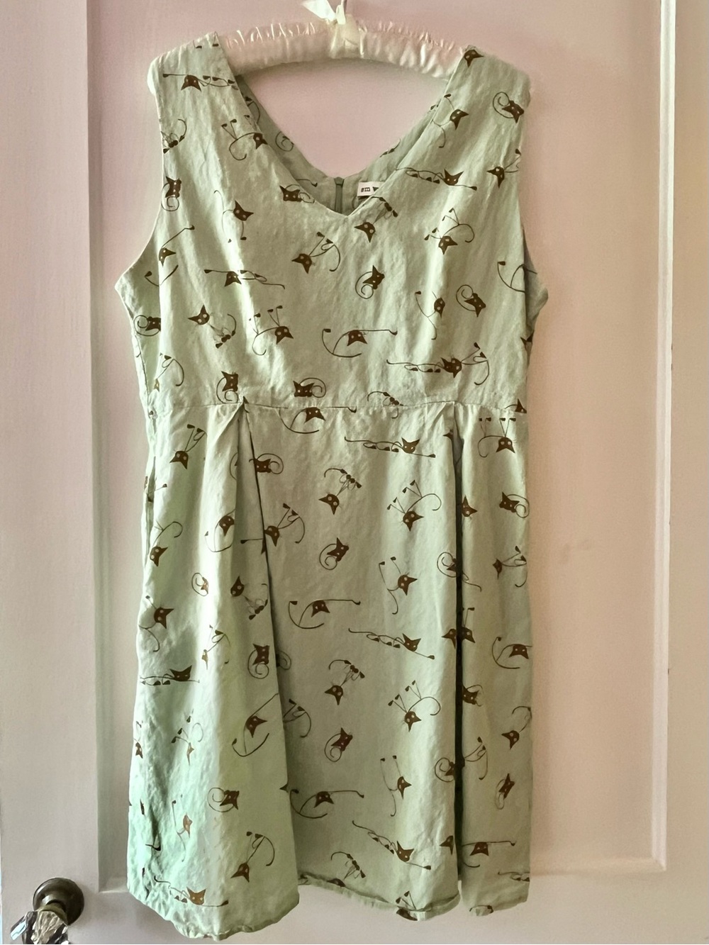 SM Wardrobe Mint Green Fit & Flare Kitties Dress with Retro Brown Cats Pattern